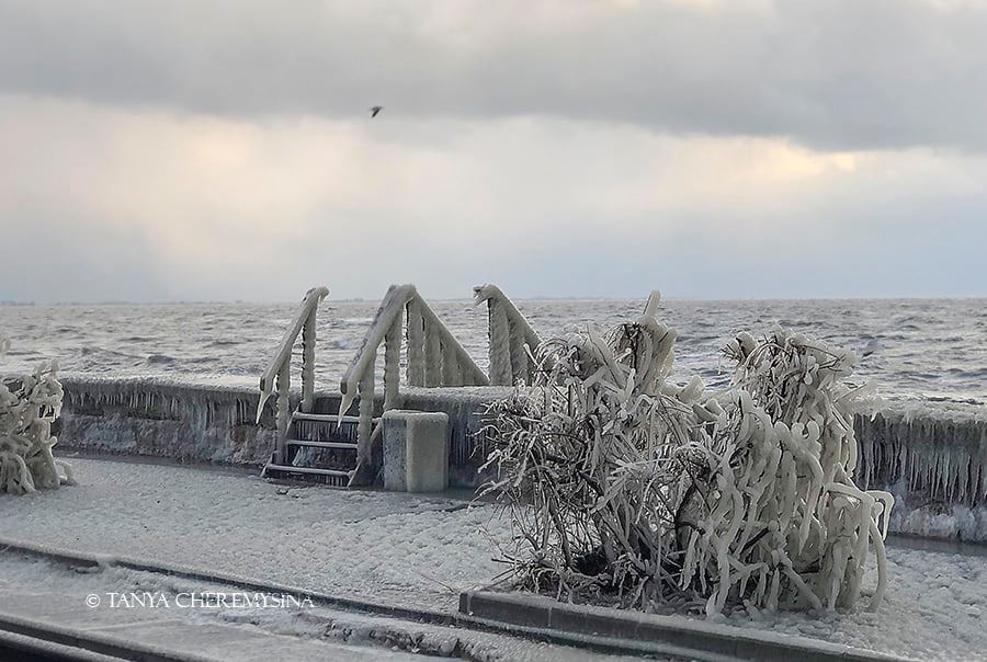 На Запоріжжі вся набережна біля Азовського моря покрилася кригою – фото