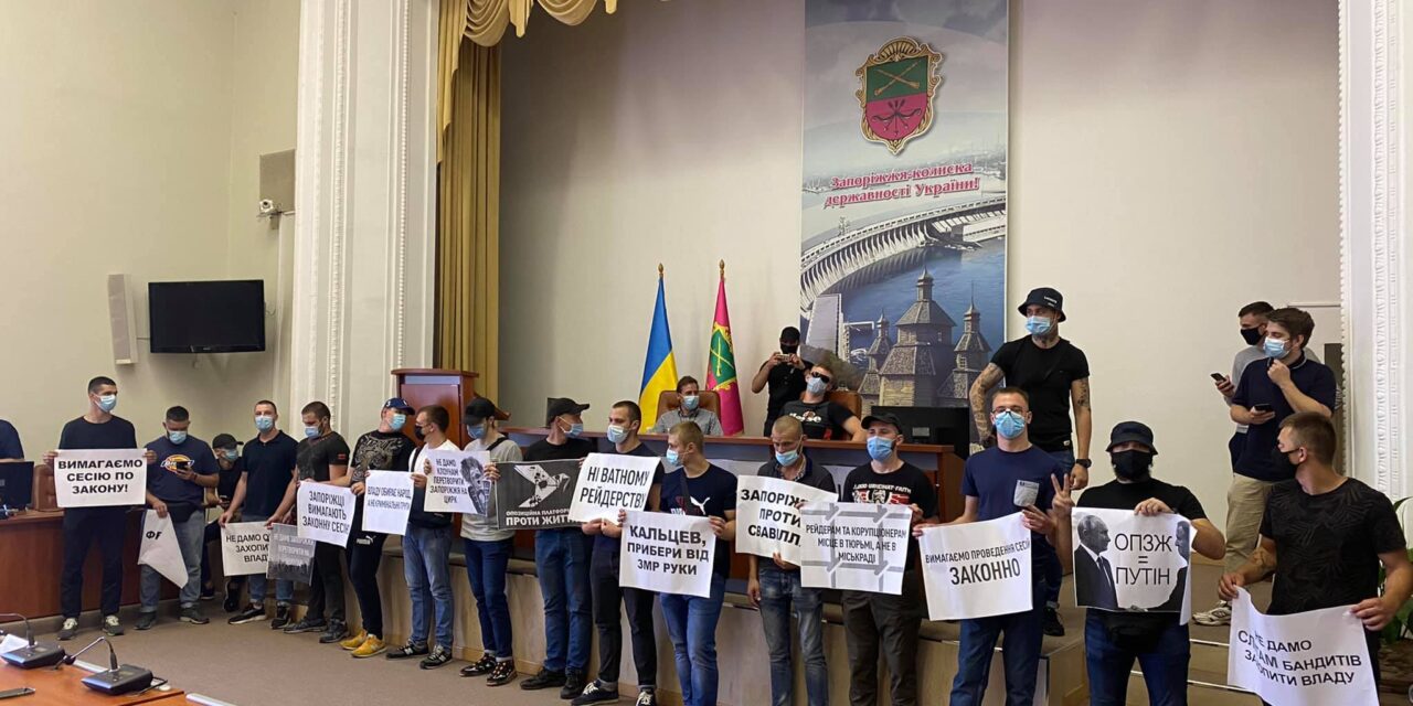 За ідею: молодики спортивної статури стоять з плакатами у залі Запорізької міськради – фото