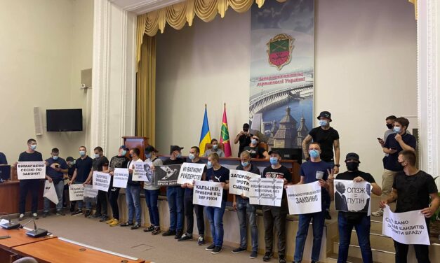 За ідею: молодики спортивної статури стоять з плакатами у залі Запорізької міськради – фото
